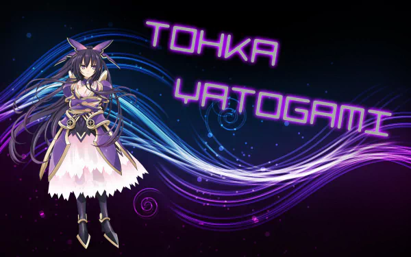 HD desktop wallpaper featuring Tohka Yatogami from the anime Date A Live, surrounded by vibrant, swirling colors and dynamic text.
