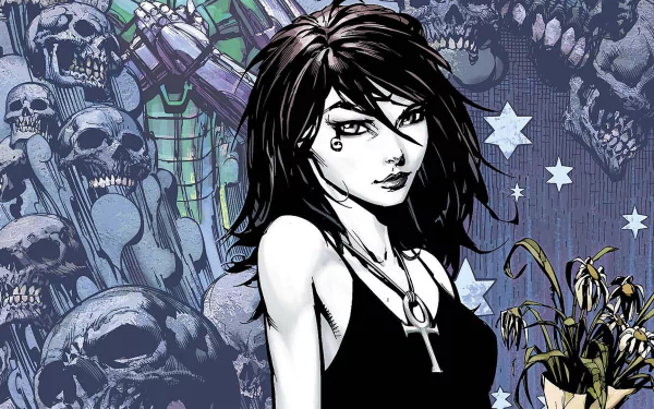 HD desktop wallpaper featuring Death from DC Comics' The Sandman, depicted in black and white with a detailed gothic background of skulls and stars.