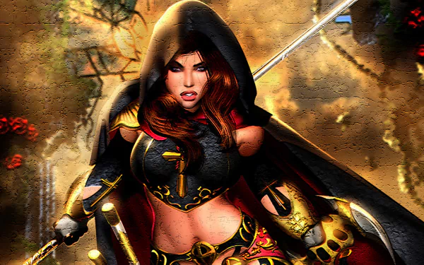 HD PC desktop wallpaper featuring Magdalena from comics, depicted as a fierce warrior woman in dark armor with a hood, against a fiery background.