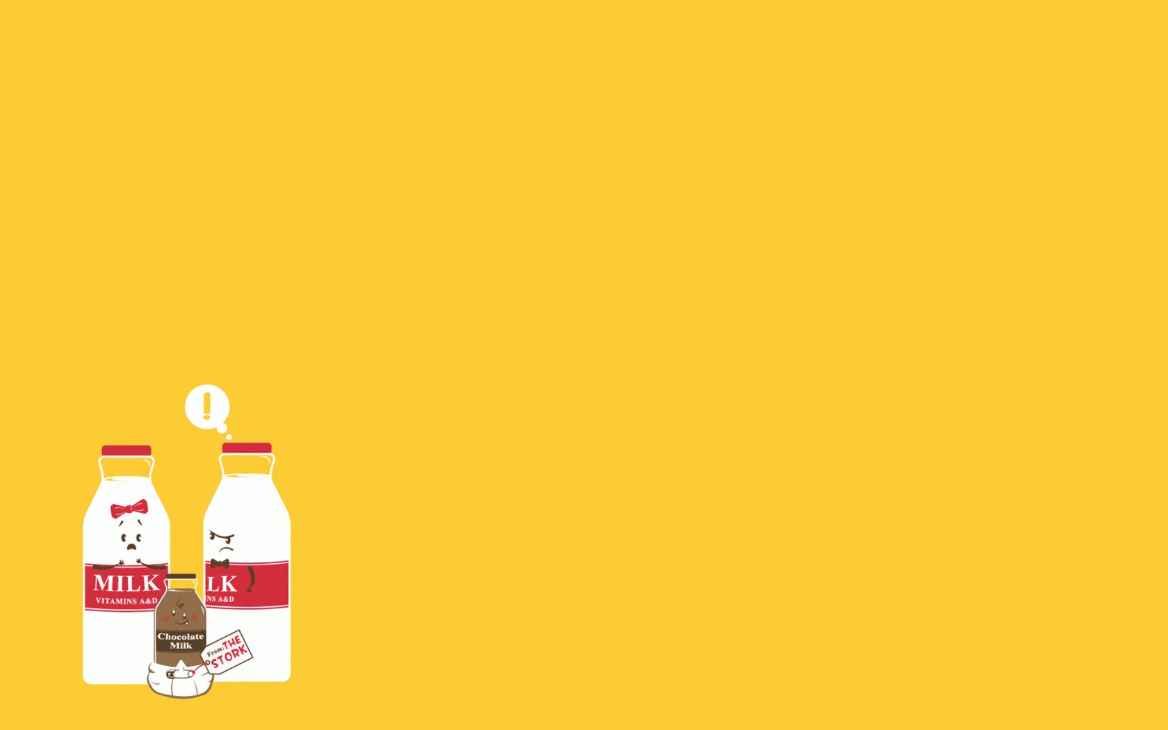 A whimsical HD desktop wallpaper featuring cartoon milk bottles against a bright yellow background, adding a touch of humor to any workspace.