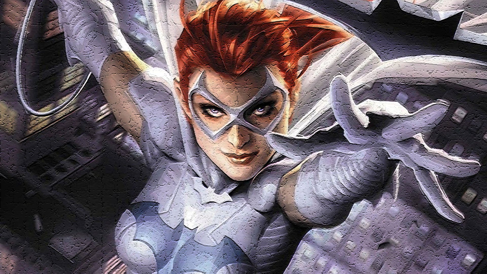 A dynamic HD desktop wallpaper featuring Batgirl in a striking comic style, showcasing her powerful pose and vibrant red hair against a city backdrop.