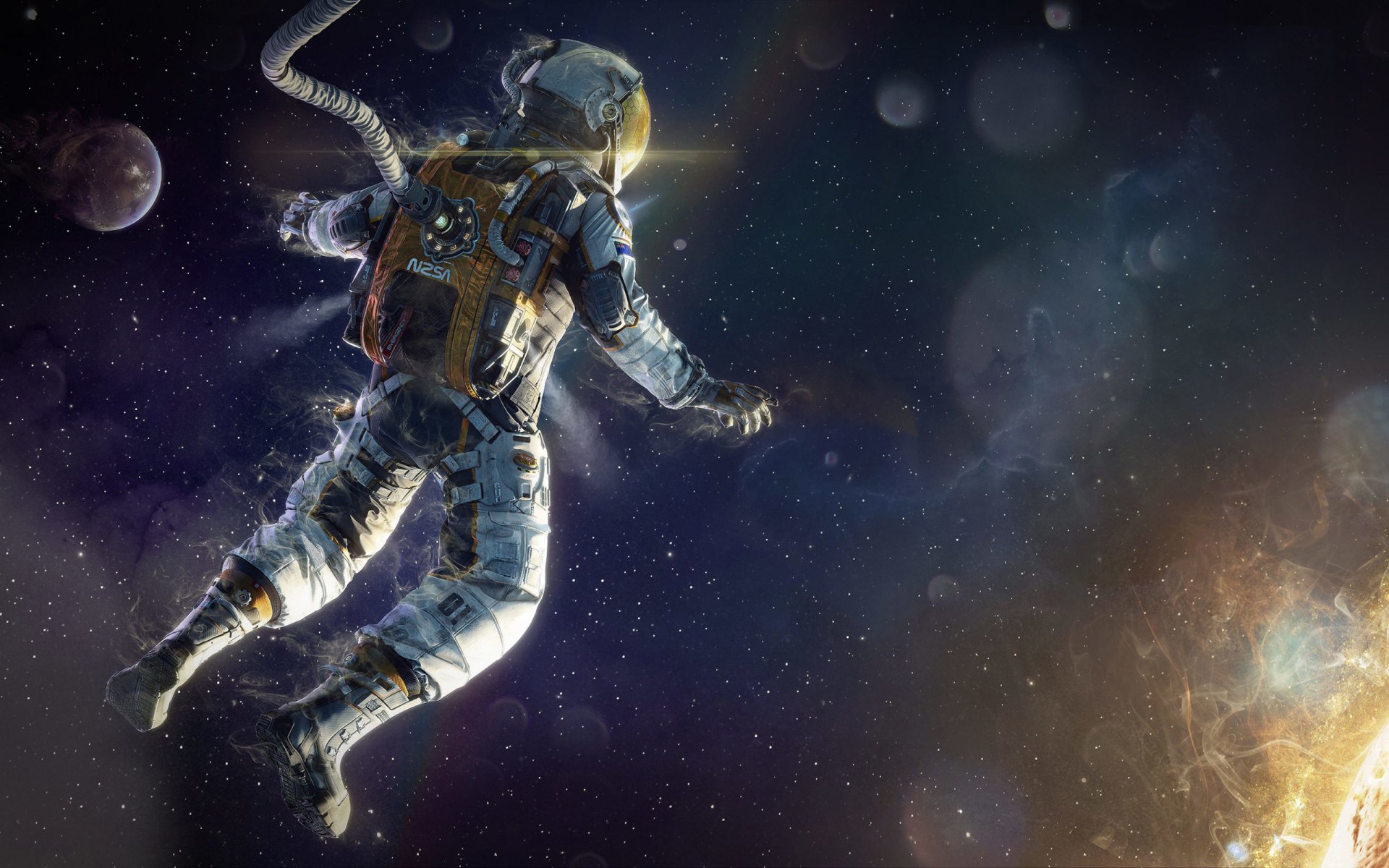 HD desktop wallpaper featuring an astronaut floating in space with planets and a distant galaxy in the background, crafted in a vibrant, sci-fi style.