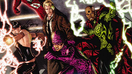 HD PC desktop wallpaper and background: Deadman (DC Comics) with other comic heroes in a black room, striking neon-green and purple energy, dynamic comic-style action.