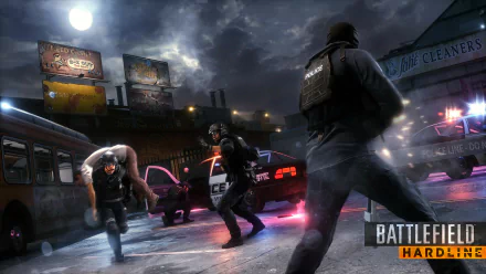 HD PC desktop wallpaper depicting a tense urban standoff scene from the video game Battlefield: Hardline, showcasing armed officers in a dramatic nighttime setting.