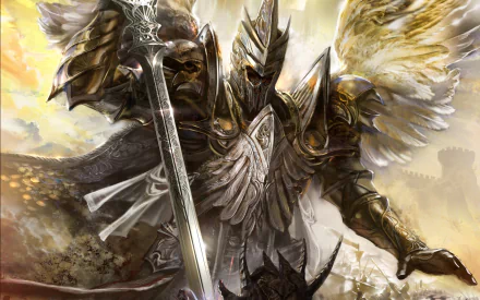 HD desktop wallpaper from the video game Legend Of The Cryptids, depicting a winged armored warrior holding a sword amidst a dramatic, glowing background.