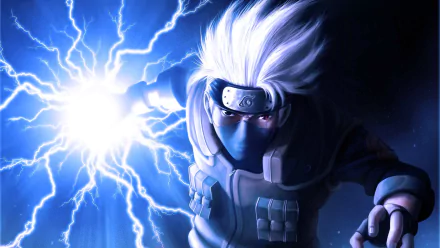 HD desktop wallpaper featuring Kakashi Hatake from Naruto. He is using Chidori, with his Sharingan visible, surrounded by electrifying blue energy.