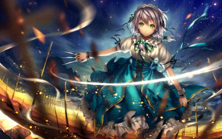 HD anime desktop wallpaper featuring Sakuya Izayoi from Touhou, surrounded by dynamic swirling effects and vibrant, fiery sparks in a fantasy setting.
