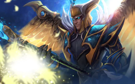 HD desktop wallpaper featuring Skywrath Mage from DotA 2, casting a spell with a glowing staff against a dynamic blue background.