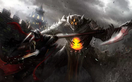 HD desktop wallpaper featuring a dark monster with glowing eyes and a fiery chest, wielding a long scythe, set against a stormy sky.