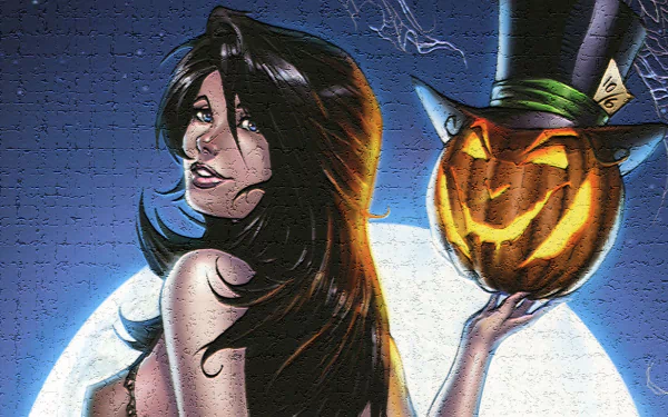 Comic-style Grimm Fairy Tales HD PC desktop wallpaper: dark-haired woman looks over her shoulder, holding a grinning jack-o'-lantern in a top hat before a glowing full moon.