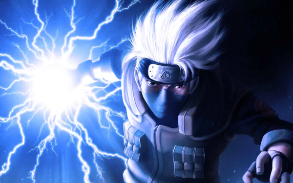 HD desktop wallpaper featuring Kakashi Hatake from Naruto. He is using Chidori, with his Sharingan visible, surrounded by electrifying blue energy.