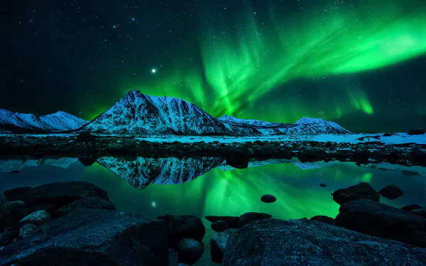 A stunning HD desktop wallpaper featuring the vibrant aurora borealis illuminating snow-capped mountains and reflecting in calm waters under a starry sky.