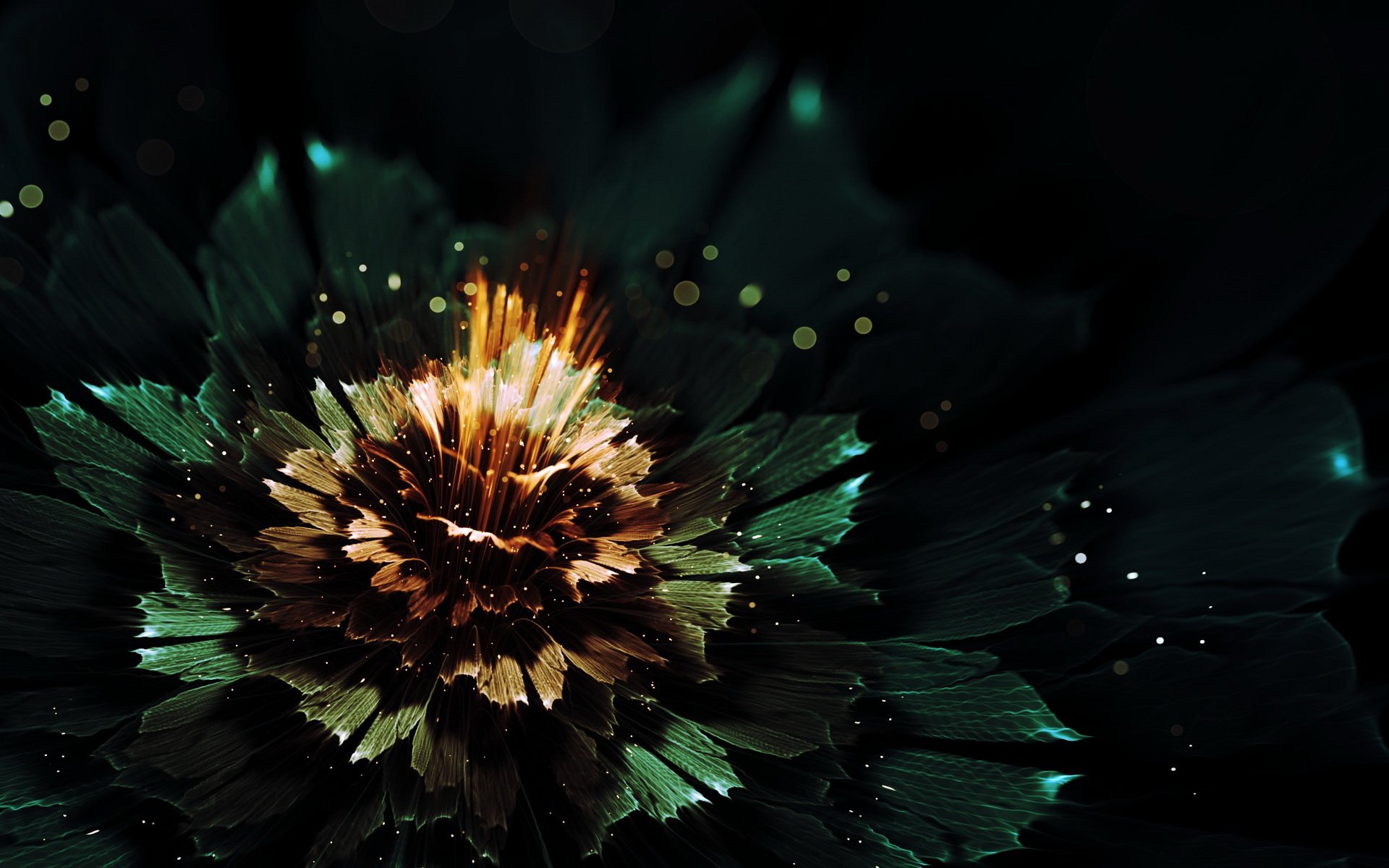 Abstract fractal design with glowing, fiery elements at the center, set against a dark background, created as a high-definition PC desktop wallpaper and background.