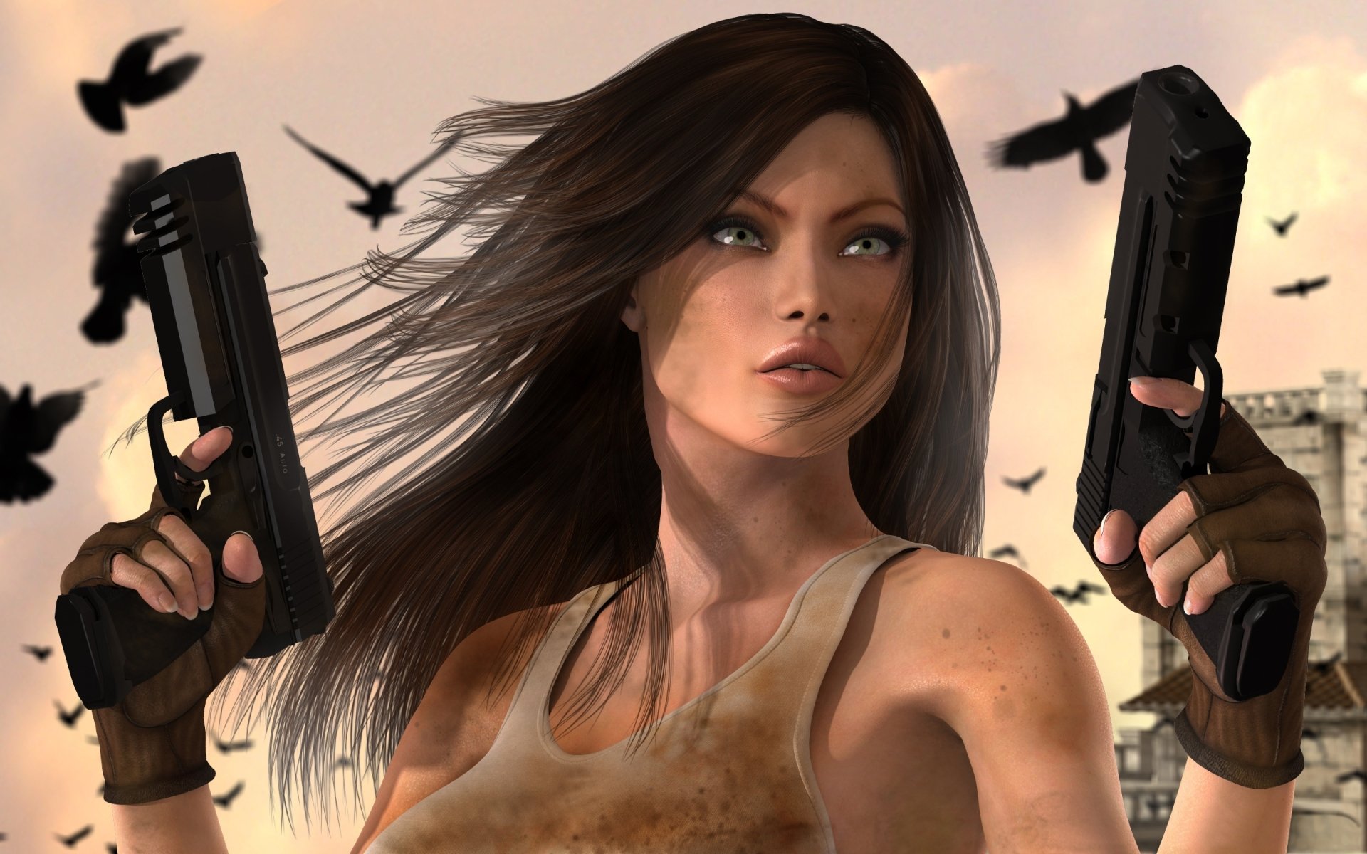 HD PC desktop wallpaper of a fierce sci-fi woman warrior wielding dual pistols, set against a backdrop with flying birds and a warm, dramatic sky.