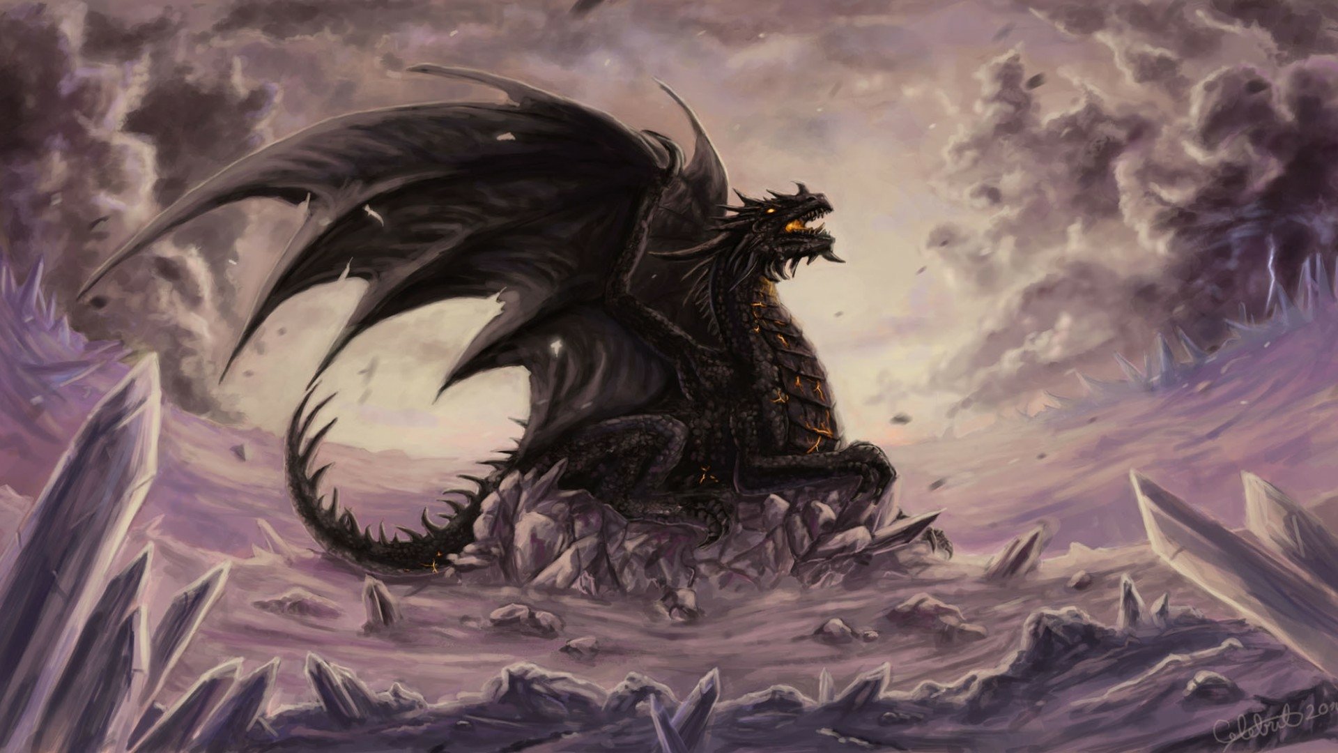 HD fantasy PC desktop wallpaper depicting a fierce black dragon with glowing orange eyes and fiery accents, perched on jagged rocks beneath a stormy sky.
