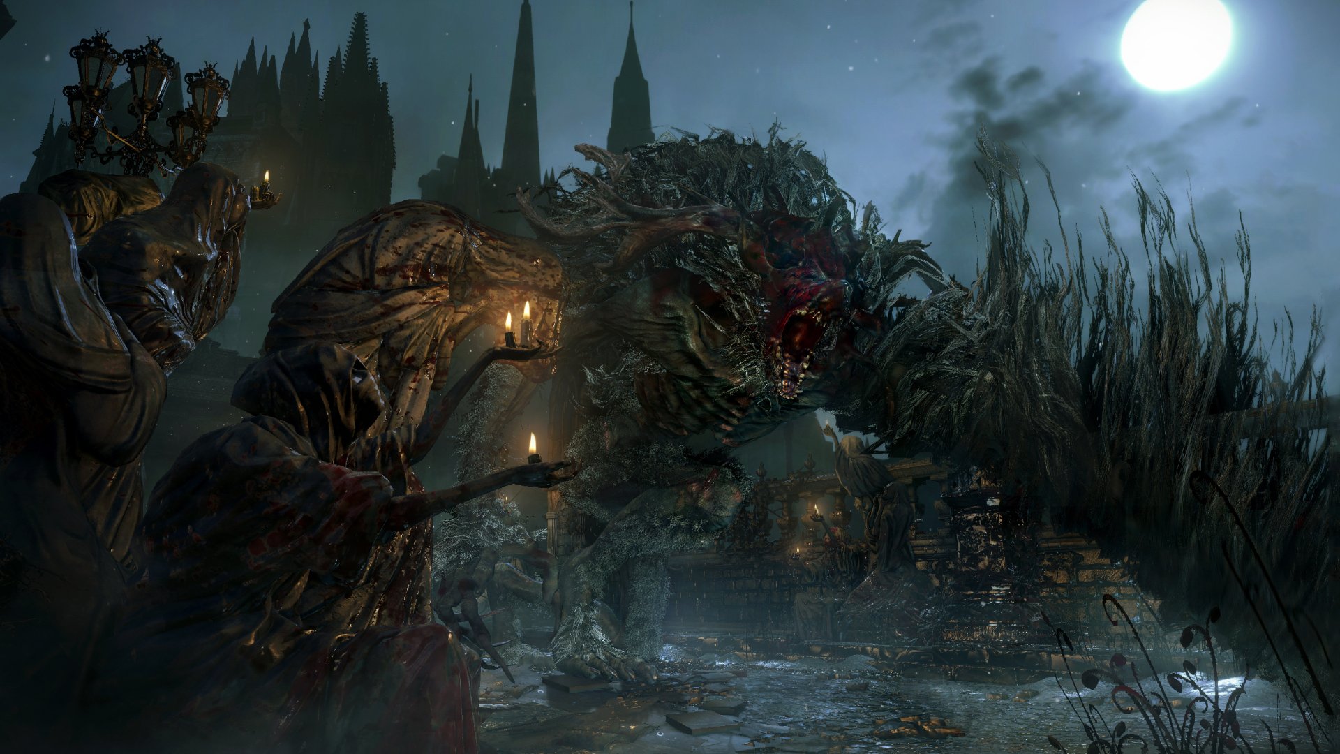 Bloodborne video game 4K Ultra HD PC desktop wallpaper: a cloaked hunter with a torch confronts hulking nightmarish beasts beneath a full moon in a fog-laden gothic cemetery.