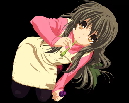 Fuuko Ibuki (Clannad) anime: brown‑haired girl with orange eyes in a pink sweater and apron, holding a small green charm against a black backdrop — 4K Ultra HD PC desktop wallpaper.