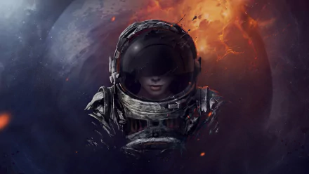 HD desktop wallpaper featuring a close-up of an astronaut's helmet with a vivid cosmic background, exuding a dramatic sci-fi ambiance.