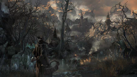 A dark and atmospheric scene from the video game Bloodborne, featuring a hooded figure standing in a graveyard with a haunting landscape and ruined buildings in the background.
