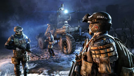 HD PC desktop wallpaper from the video game Metro Last Light Redux: armed, gas‑masked soldiers in tactical gear stand beside a rugged vehicle on a snowy, ruined night landscape.