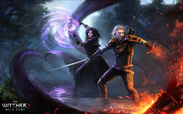 A stunning 4K Ultra HD wallpaper featuring Yennefer of Vengerberg and Geralt of Rivia from The Witcher 3: Wild Hunt, showcasing their dynamic confrontation in a mystical forest setting.