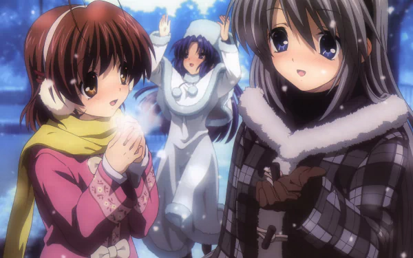 A vibrant 4K Ultra HD wallpaper featuring Tomoyo Sakagami, Nagisa Furukawa, and Kotomi Ichinose from the anime Clannad, set in a snowy backdrop.