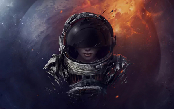 HD desktop wallpaper featuring a close-up of an astronaut's helmet with a vivid cosmic background, exuding a dramatic sci-fi ambiance.