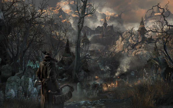 A dark and atmospheric scene from the video game Bloodborne, featuring a hooded figure standing in a graveyard with a haunting landscape and ruined buildings in the background.