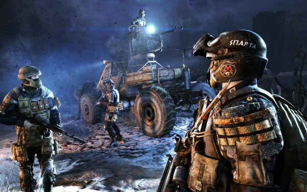 HD PC desktop wallpaper from the video game Metro Last Light Redux: armed, gas‑masked soldiers in tactical gear stand beside a rugged vehicle on a snowy, ruined night landscape.