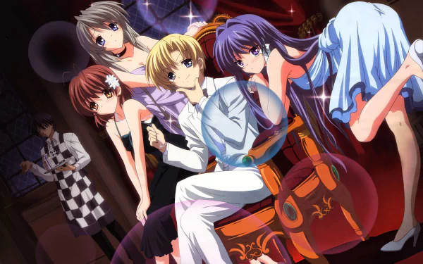 4K Ultra HD anime wallpaper featuring Youhei Sunohara, Kyou Fujibayashi, Tomoya Okazaki, Tomoyo Sakagami, and Nagisa Furukawa from Clannad.