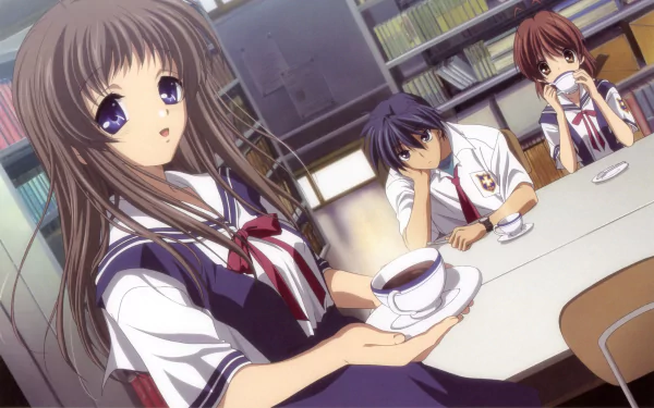 4K Ultra HD wallpaper featuring Yukine Miyazawa, Tomoya Okazaki, and Nagisa Furukawa from the anime Clannad, depicted in a detailed classroom setting.