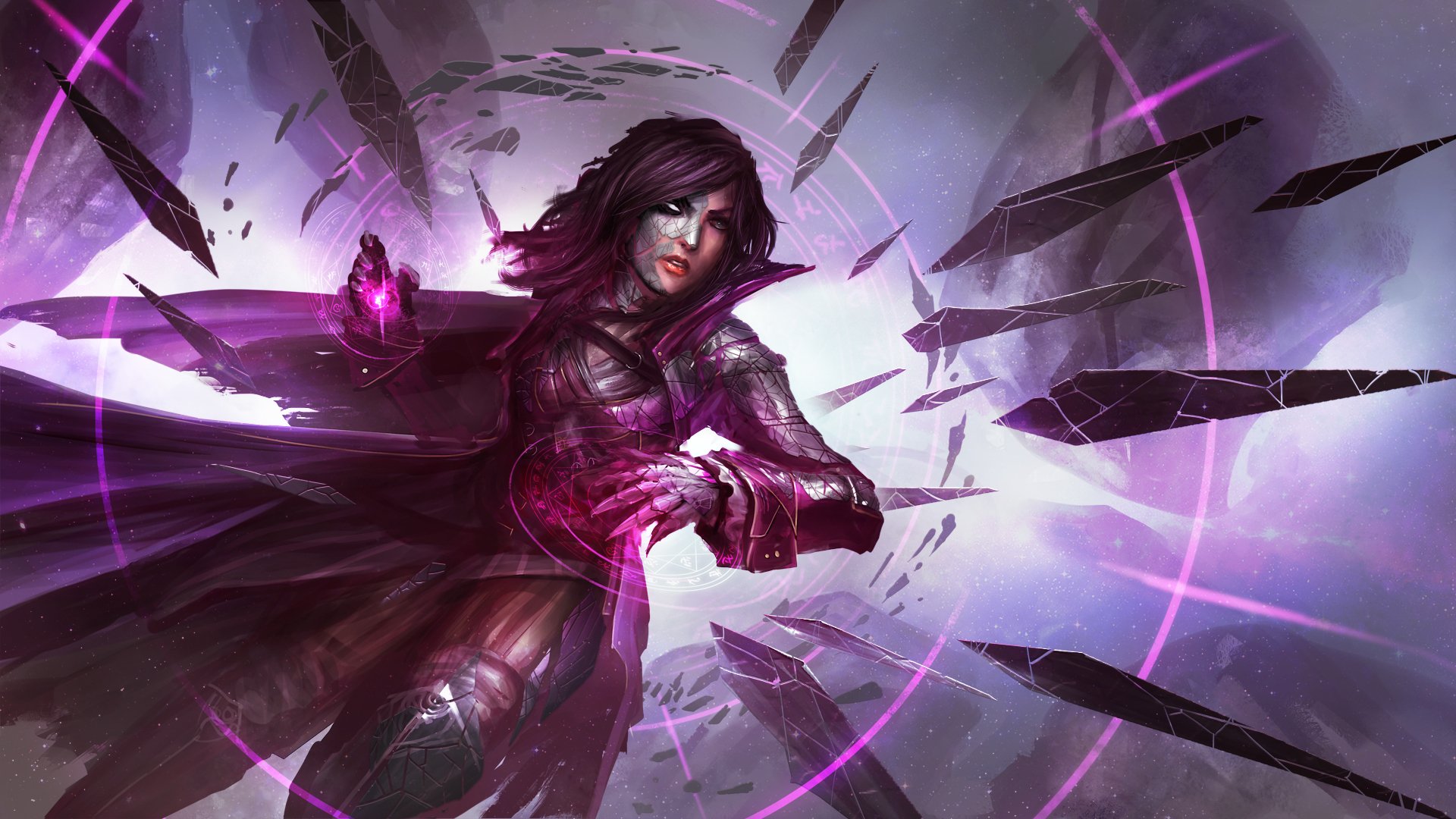 HD fantasy PC desktop wallpaper featuring a powerful woman wielding glowing purple magic, surrounded by shattered dark crystals and mystical energy.