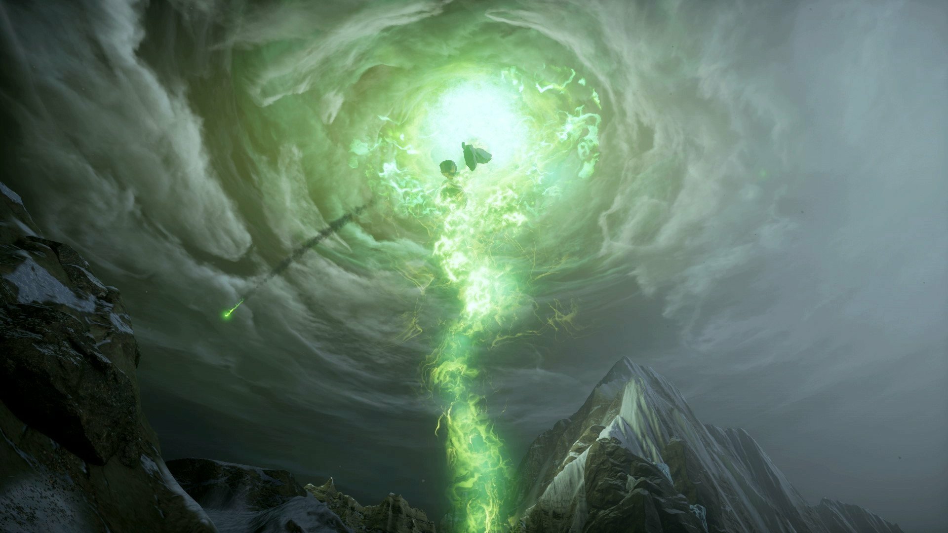 HD PC desktop wallpaper from the video game Dragon Age: Inquisition, depicting a swirling green magical rift above a mountainous landscape.