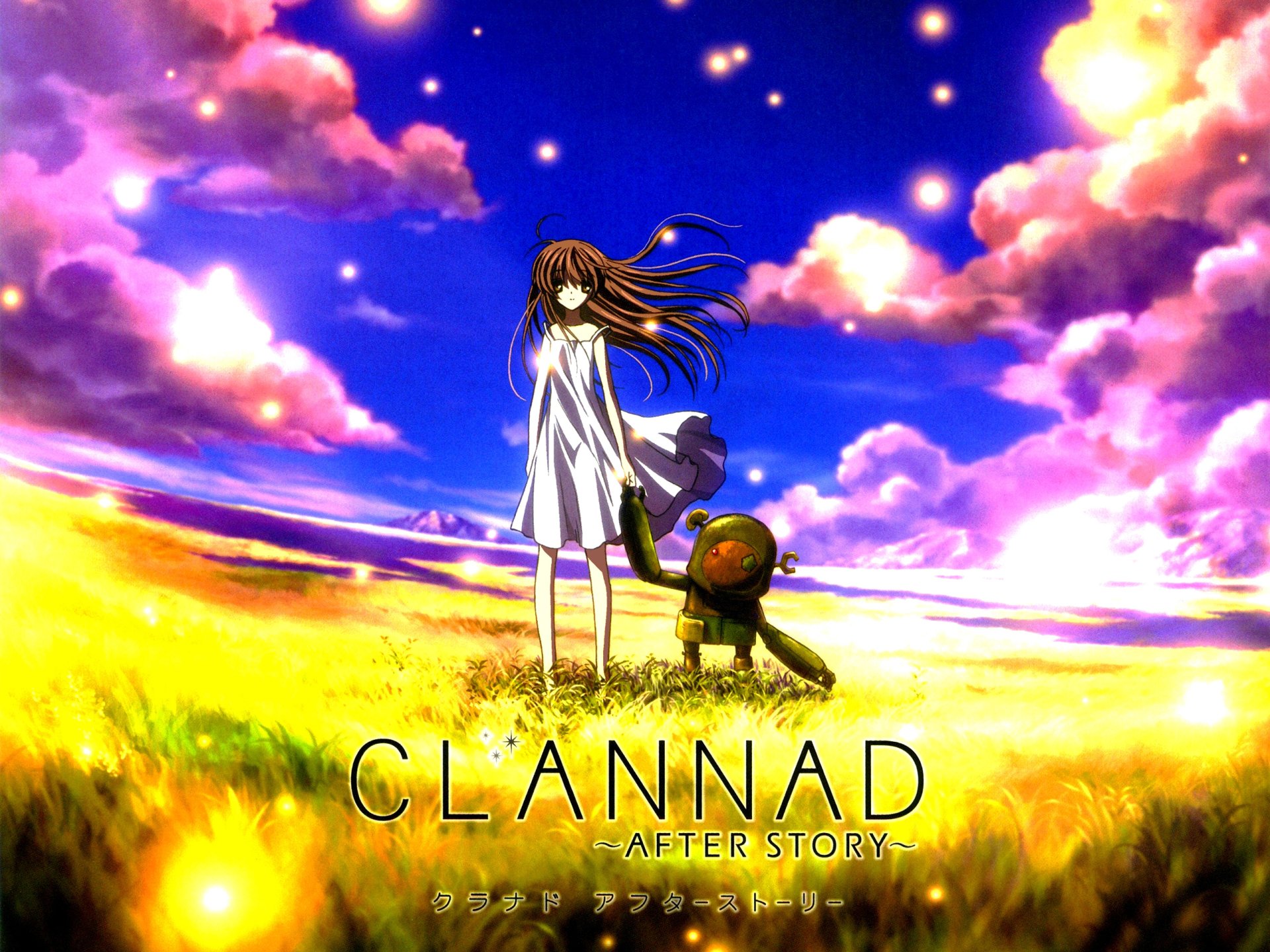 Anime Clannad 2K Quad HD PC desktop wallpaper: girl and small robot in a golden meadow beneath vivid purple-pink sunset clouds, After Story logo.