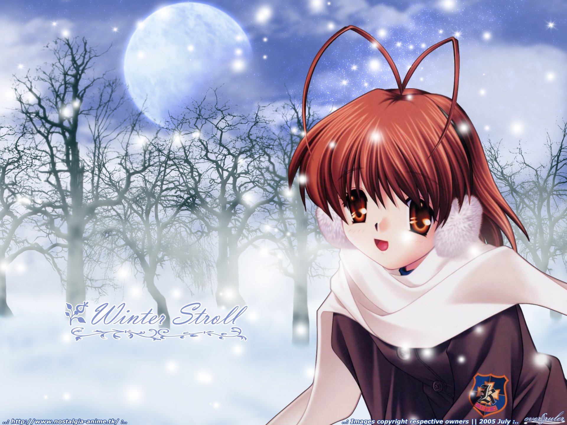 Nagisa Furukawa from Clannad anime smiling in a snowy moonlit forest, wearing earmuffs and scarf — HD PC desktop wallpaper background with falling snow.