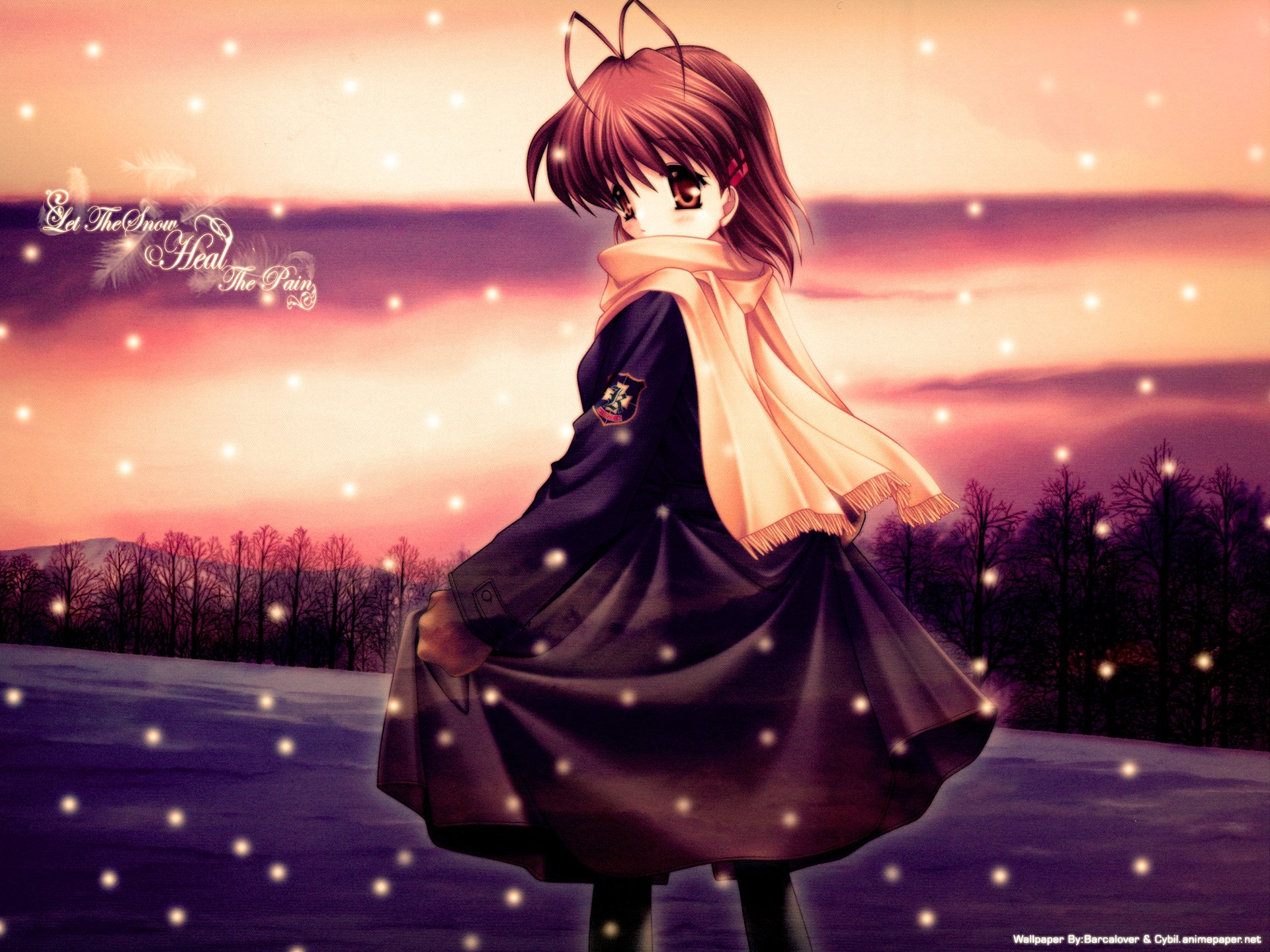 HD anime desktop wallpaper featuring Nagisa Furukawa from Clannad, standing outdoors at sunset with a flowing scarf and soft glowing particles.
