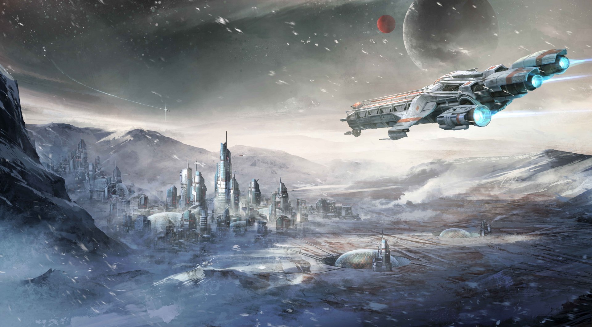 A stunning 4K Ultra HD wallpaper featuring a spaceship soaring above a futuristic cityscape on a desolate planet, inspired by the universe of the video game Star Citizen.