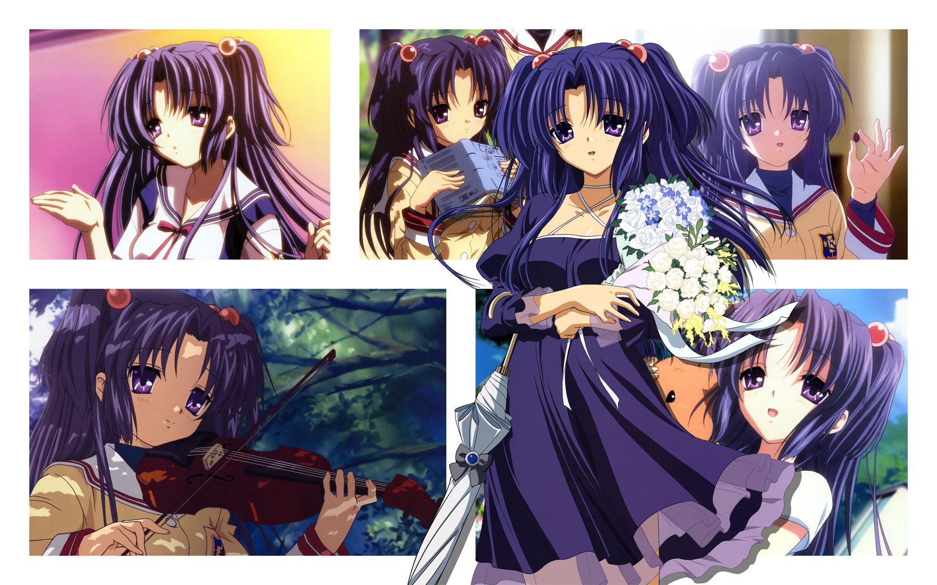 Collage HD PC desktop wallpaper/background of Kotomi Ichinose from the anime Clannad, showing multiple portraits in her school uniform, playing a violin and holding a bouquet.