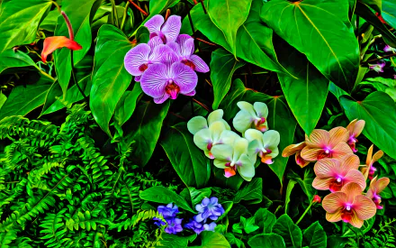 HD PC desktop wallpaper showing vibrant orchids (pink, white, orange) amid lush green leaves and ferns, a vivid nature background.