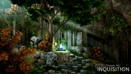 HD desktop wallpaper from the video game Dragon Age: Inquisition, featuring a mystical forest scene with ancient ruins and glowing light.
