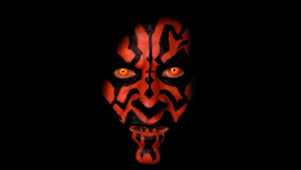 Darth Maul, the menacing Sith from Star Wars: Episode I - The Phantom Menace, is depicted with striking red and black face paint, showcasing his fierce gaze against a dark background.