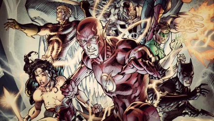 A dynamic HD wallpaper featuring iconic DC Comics heroes from The New 52, including Flash, Wonder Woman, Batman, Green Lantern, Aquaman, and Cyborg, united in action with vibrant colors.