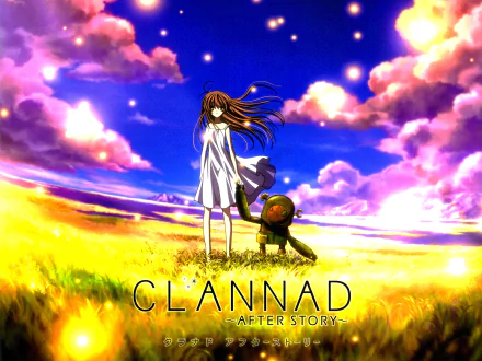 Anime Clannad 2K Quad HD PC desktop wallpaper: girl and small robot in a golden meadow beneath vivid purple-pink sunset clouds, After Story logo.
