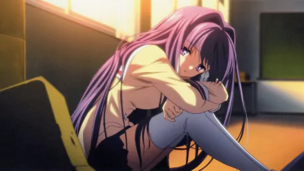 A detailed HD wallpaper featuring Kyou Fujibayashi from Clannad, showcasing her in a skirt and thigh highs, sitting thoughtfully in a warm, sunlit classroom setting.
