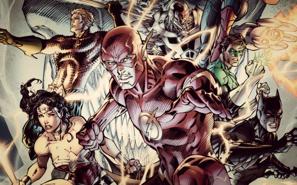 A dynamic HD wallpaper featuring iconic DC Comics heroes from The New 52, including Flash, Wonder Woman, Batman, Green Lantern, Aquaman, and Cyborg, united in action with vibrant colors.