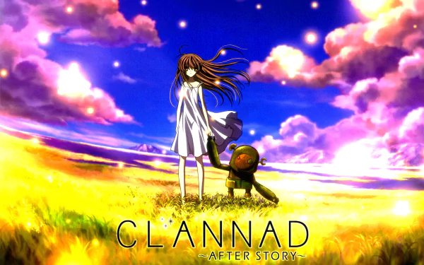 Anime Clannad 2K Quad HD PC desktop wallpaper: girl and small robot in a golden meadow beneath vivid purple-pink sunset clouds, After Story logo.