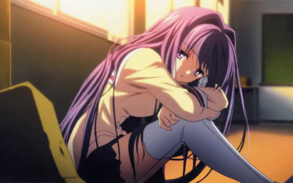 A detailed HD wallpaper featuring Kyou Fujibayashi from Clannad, showcasing her in a skirt and thigh highs, sitting thoughtfully in a warm, sunlit classroom setting.