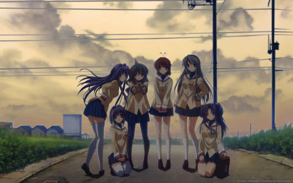HD PC desktop wallpaper of Clannad anime: Ryou and Kyou Fujibayashi, Kotomi Ichinose, Tomoyo Sakagami, Fuuko Ibuki and Nagisa Furukawa standing together on a country road at sunset.