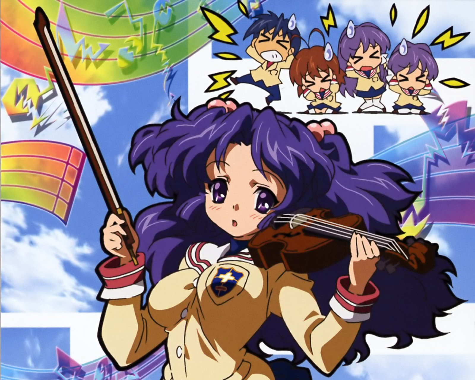 Kotomi Ichinose (Clannad) playing violin in school uniform, purple hair and vibrant musical notes against a blue sky — HD PC desktop wallpaper/background, anime.