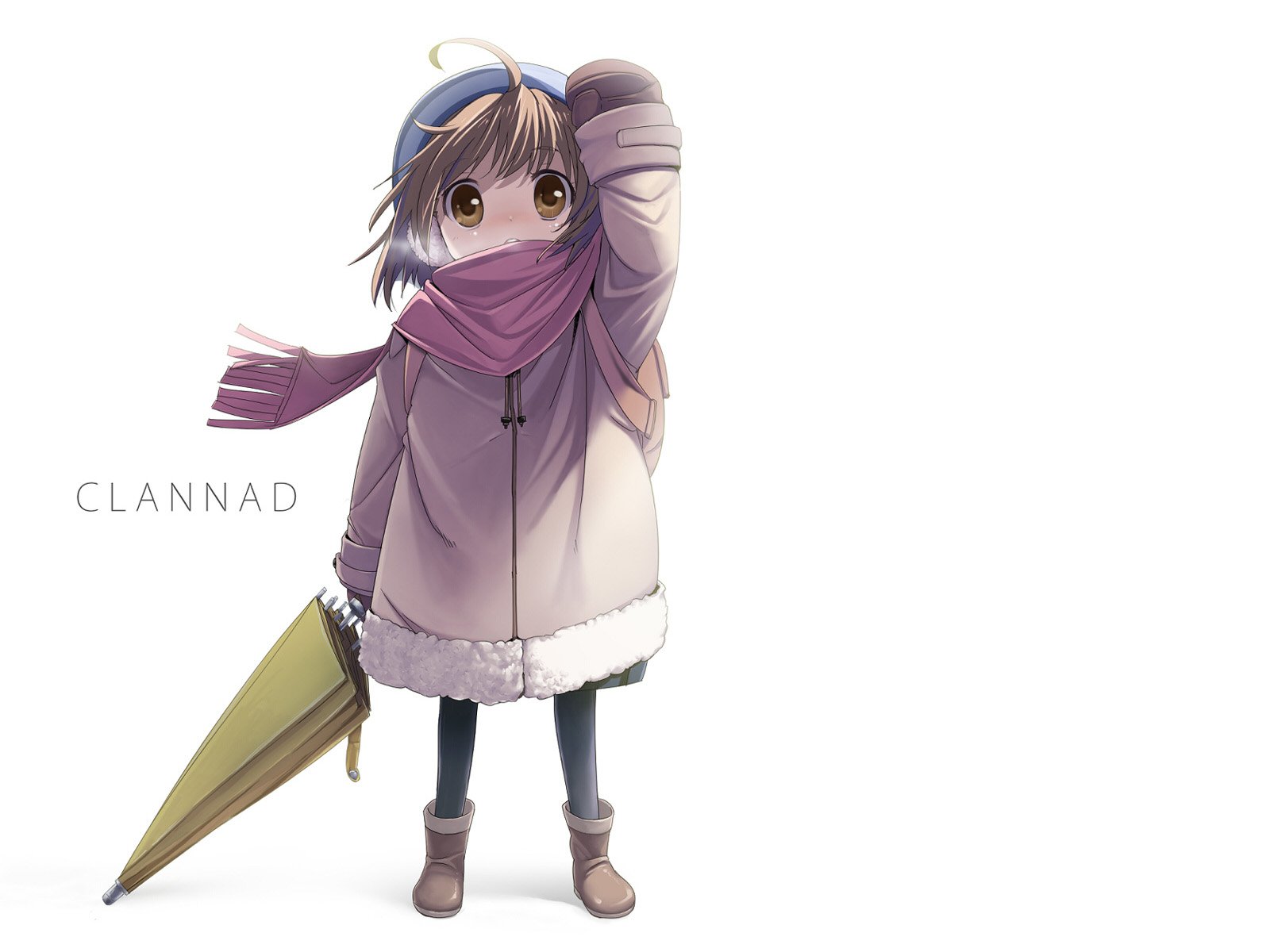 Ushio Okazaki from Clannad in a cozy winter coat and scarf, holding a closed umbrella and gazing upward on a minimal white background — HD PC desktop wallpaper